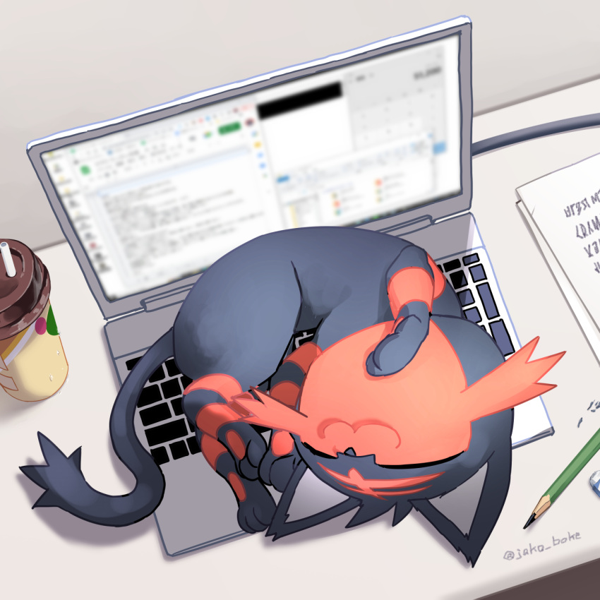 :3, animal_focus, cat, closed_eyes, closed_mouth, coffee_cup, commentary_request, computer, cup, disposable_cup, full_body, highres, indoors, jako_(boke_poke), laptop, litten, lying, no_humans, paper, pencil, pokemon, pokemon_(creature), sleeping, smile, tail