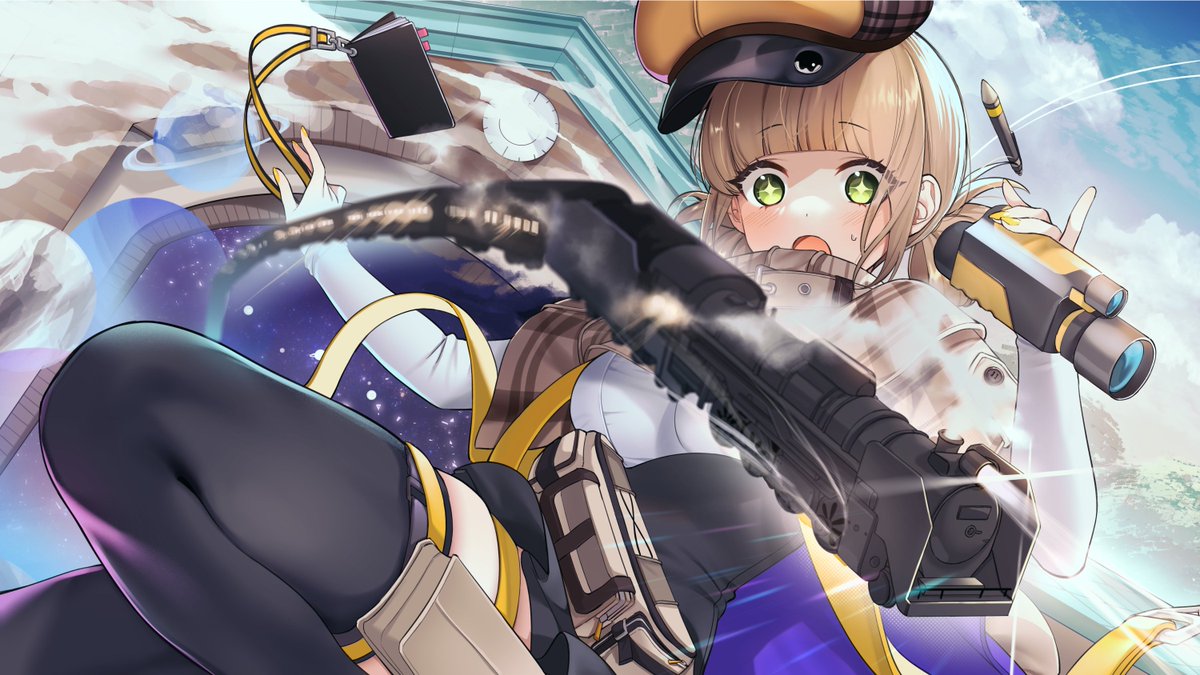 1girl, binoculars, blonde_hair, breasts, flat_chest, goddess_of_victory:_nikke, green_eyes, gun, hair_rings, hat, holding, looking_at_viewer, novel_(nikke), official_art, sino42, small_breasts, solo, sweat, twintails, weapon
