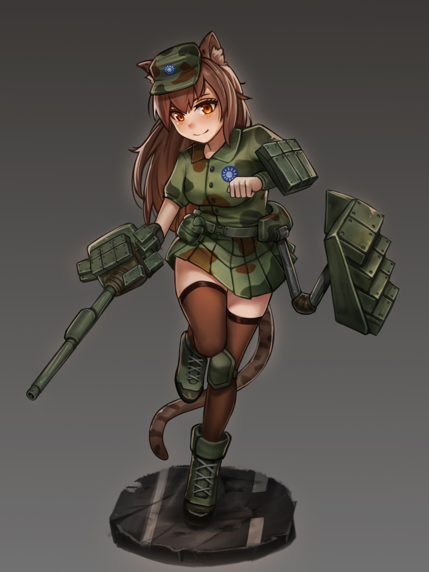 1girl, absurdres, adapted_turret, animal_ears, asymmetrical_sleeves, black_thighhighs, boots, breasts