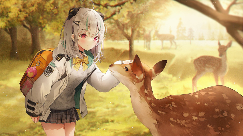 1girl, admi_(nikke), backpack, bag, blurry, bow, bowtie, deer