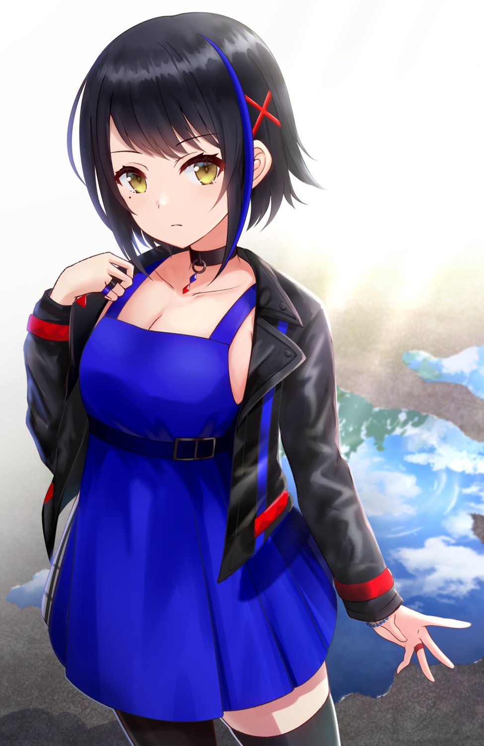 1girl, bangs, belt, black_choker, black_hair, black_jacket, black_legwear, blue_dress