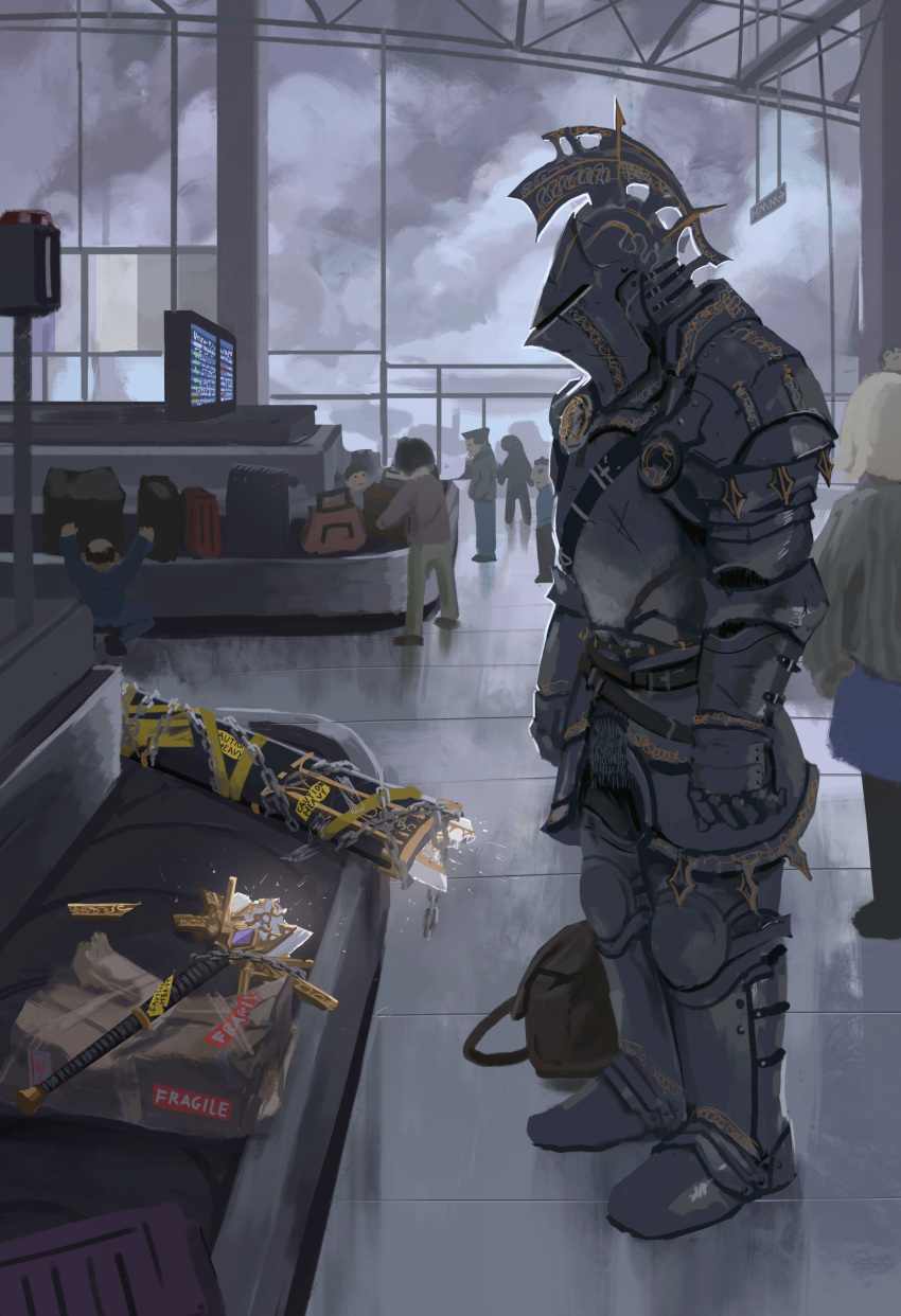 absurdres, airport, armor, bag, billowypillow, broken, broken_weapon, chain, clouds, cloudy_sky, conveyor_belt, from_behind, from_side, full_armor, helmet, highres, indoors, knight, luggage, original, package, sheath, sky, strap, sword, tape, terminal, truth, weapon