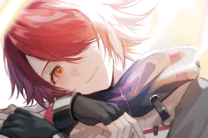 1girl, arknights, black_gloves, blurry, blush, closed_mouth, detached_wings, energy_wings