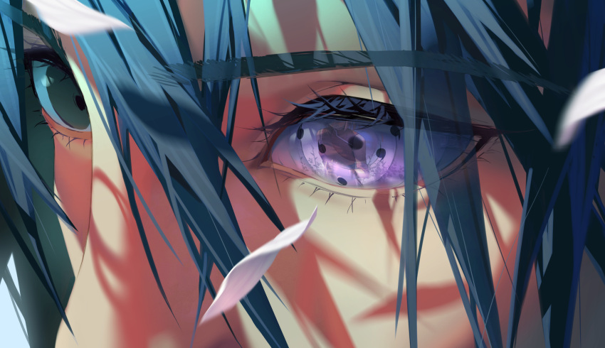 1boy, 1girl, black_hair, cherry_blossoms, eye_focus, eye_reflection, hair_between_eyes, hair_over_eyes