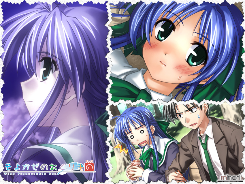 blue_hair, green_eyes, narukaze_minamo, okano_makoto, school_uniform, twintails, wallpaper, wind