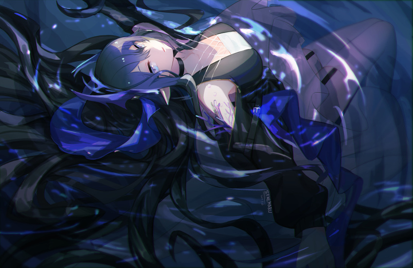 1girl, arknights, artist_name, black_hair, black_shirt, blue_eyes, blue_hair, blue_ribbon