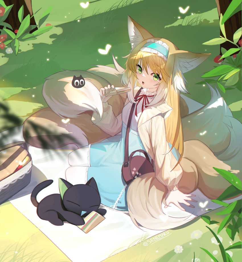 1girl, animal_ear_fluff, animal_ears, arknights, arm_support, bag, black_bag, blonde_hair, blue_hairband, blue_shirt, blush, bug, butterfly, cardigan, cat, creature, food, fox_ears, fox_girl, fox_tail, frilled_hairband, frills, from_above, full_body, grass, green_eyes, hair_between_eyes, hairband, handbag, heixiu, highres, holding, holding_food, long_hair, looking_at_viewer, luoxiaohei, multiple_tails, mushroom, neck_ribbon, official_alternate_costume, open_mouth, outdoors, picnic_basket, red_ribbon, ribbon, riyu_(gauzama), sandwich, shirt, sitting, solo, suzuran_(arknights), suzuran_(spring_praise)_(arknights), tail, teeth, the_legend_of_luo_xiaohei, tongue, twitter_username, upper_teeth, very_long_hair, white_shirt, xuhuai_(the_legend_of_luoxiaohei), yellow_cardigan, yokozuwari