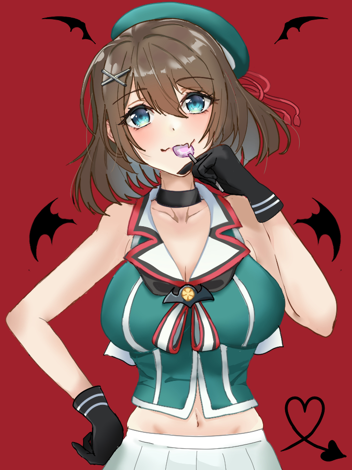 1girl, bat_wings, beret, black_gloves, blue_eyes, blue_sailor_collar, blue_shirt, breasts, brown_hair, candy, chamumi_(mochiumee), demon_tail, food, gloves, hair_ornament, hairclip, hat, hat_ribbon, head_wings, holding, holding_candy, holding_food, holding_lollipop, kantai_collection, large_breasts, lollipop, maya_(kancolle), maya_kai_ni_(kancolle), medium_hair, midriff, mini_hat, pleated_skirt, red_background, red_ribbon, ribbon, sailor_collar, school_uniform, serafuku, shirt, simple_background, skirt, sleeveless, solo, tail, white_skirt, wings, x_hair_ornament