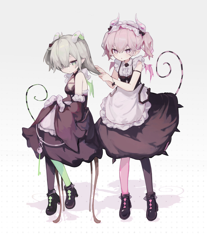 2girls, absurdres, apron, arianna_the_labrynth_servant, arianne_the_labrynth_servant, black_footwear, bright_pupils, commentary_request