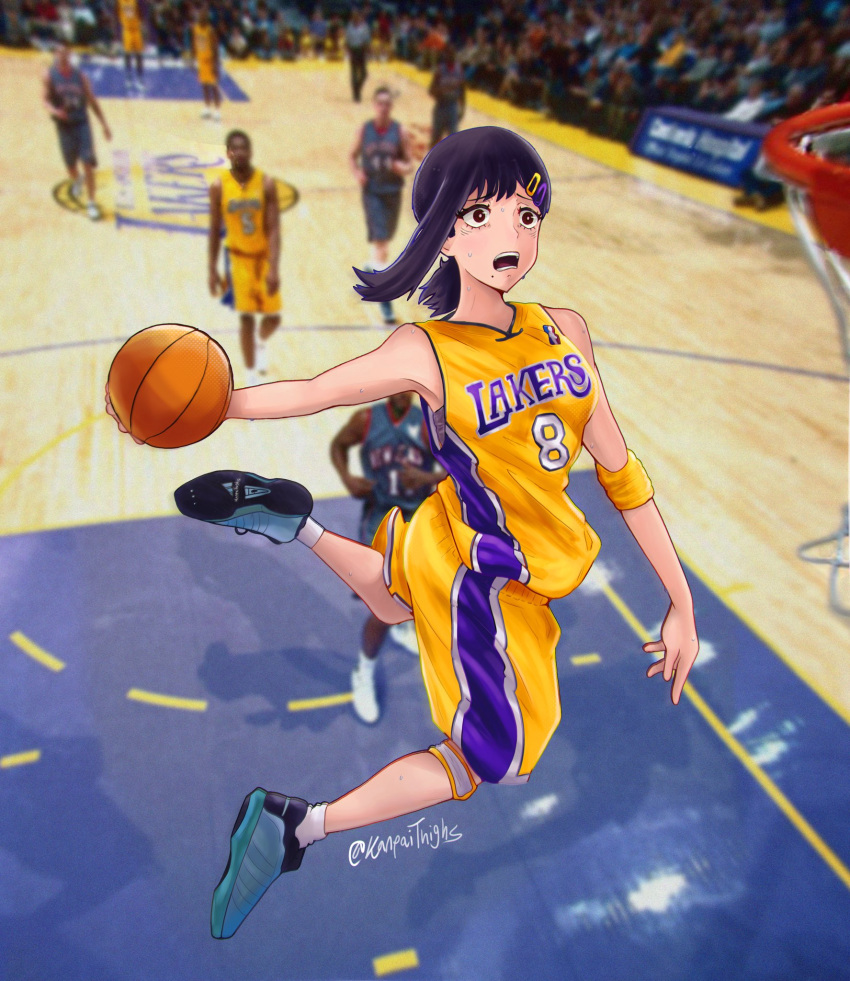 1girl, ball, basketball, basketball_jersey, basketball_uniform, black_hair, blurry, blurry_background