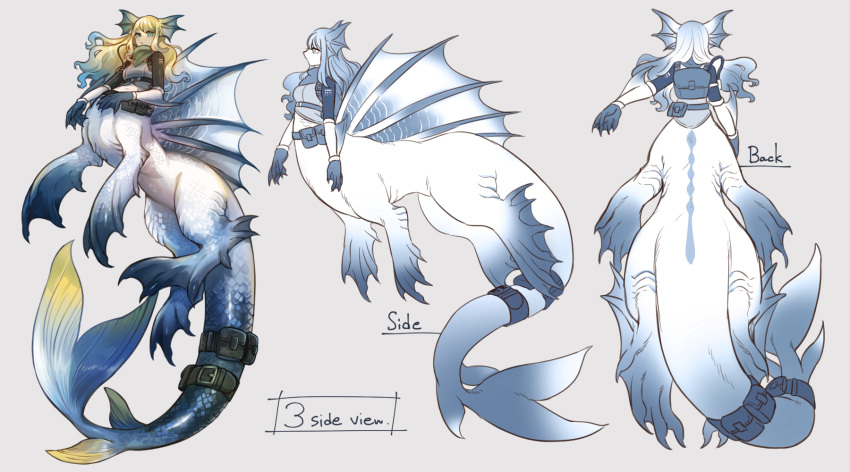 1girl, blonde_hair, blue_eyes, blue_hair, dragon_girl, dragon_tail, gloves, gradient_hair
