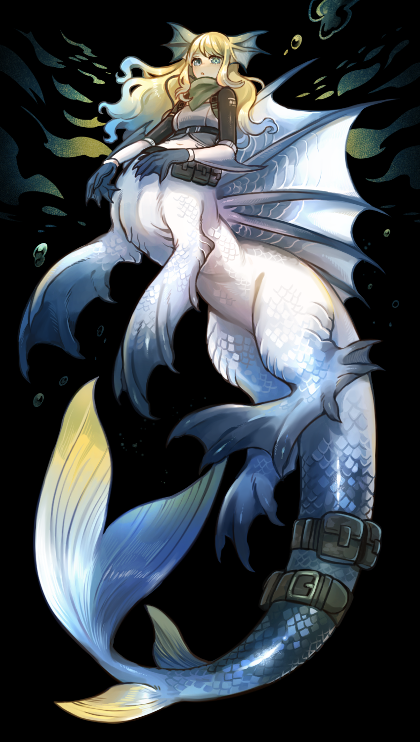 1girl, blonde_hair, blue_eyes, blue_hair, dragon_girl, dragon_tail, gloves, gradient_hair