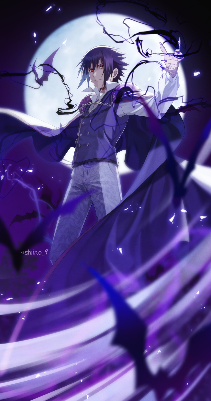 1boy, absurdres, alternate_costume, bat_(animal), blue_cape, blue_hair, blue_nails, blurry