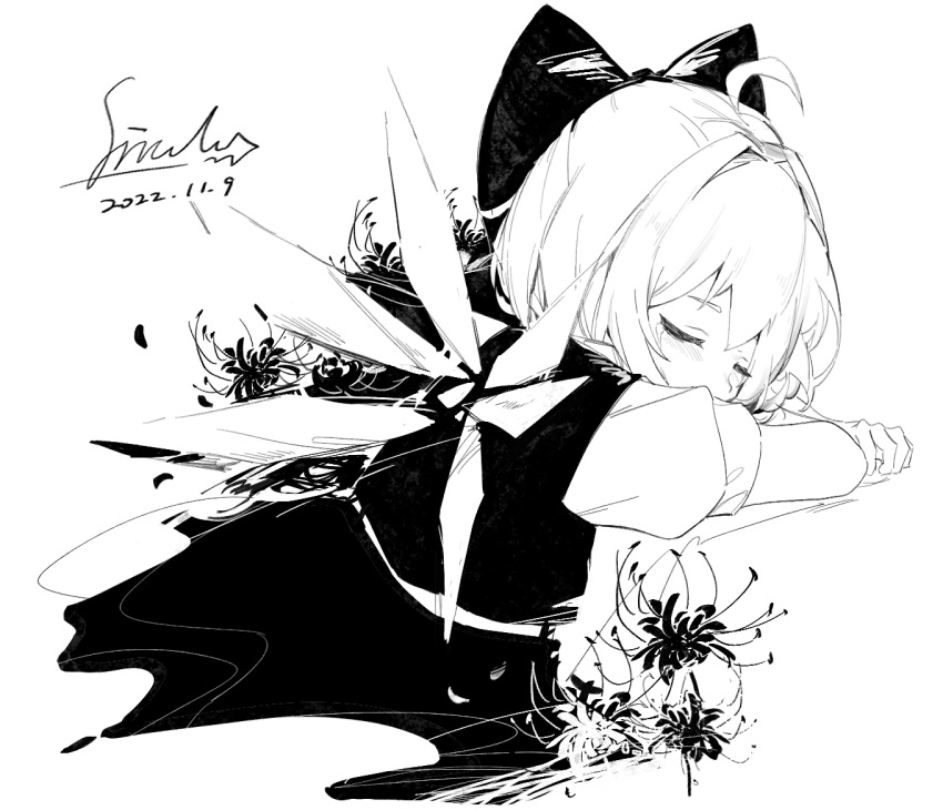 1girl, ahoge, artist_name, blush, bow, cirno, closed_mouth, dated
