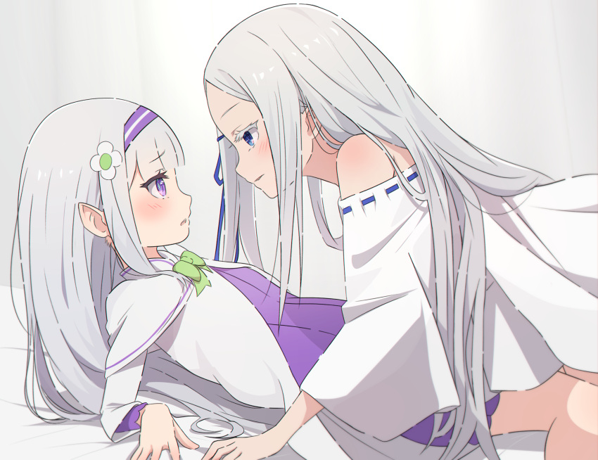 2girls, age_difference, aged_down, blue_eyes, blue_ribbon, blunt_bangs, blush, camui1104