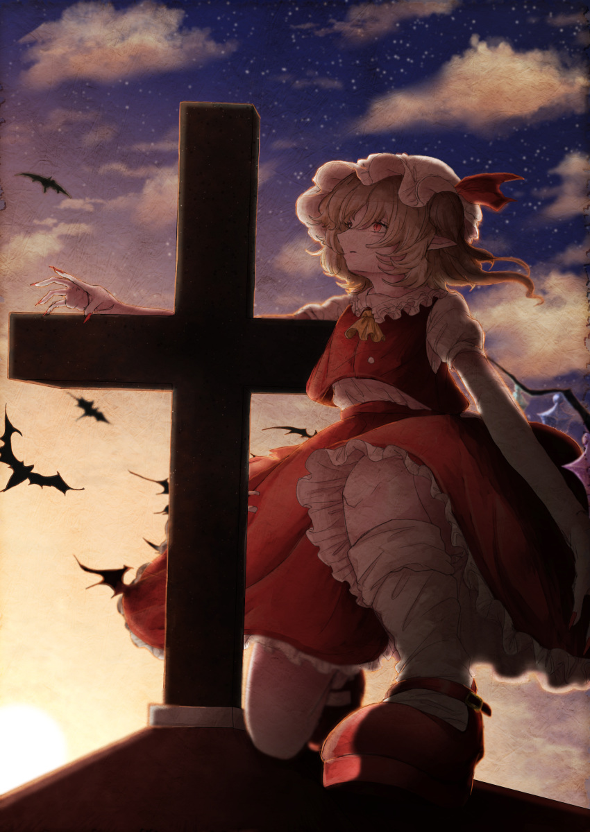 1girl, absurdres, ascot, bat, bat_(animal), blonde_hair, bloomers, buttons, cloud, fingernails, flandre_scarlet, fleuriste, foreshortening, frilled_shirt_collar, frilled_skirt, frills, full_body, hair_between_eyes, hat, highres, long_fingernails, mary_janes, medium_hair, mob_cap, moon, multicolored_wings, nail_polish, night, night_sky, on_roof, outdoors, pointy_ears, puffy_short_sleeves, puffy_sleeves, red_eyes, red_footwear, red_nails, red_skirt, red_vest, sharp_fingernails, shirt, shoes, short_sleeves, skirt, skirt_set, sky, socks, solo, star_(sky), starry_sky, touhou, twilight, underwear, vest, white_bloomers, white_headwear, white_shirt, white_socks, wings, yellow_ascot
