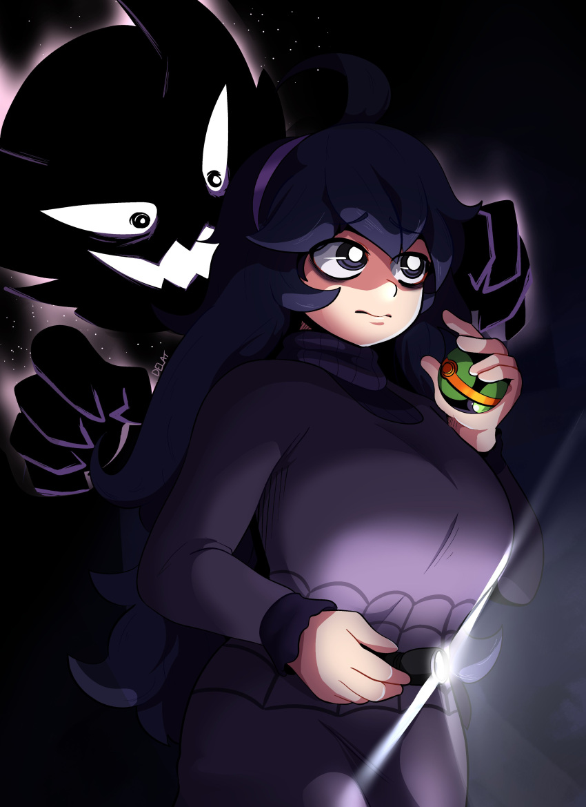 1girl, absurdres, ahoge, alternate_breast_size, bangs, black_hair, breasts, bright_pupils
