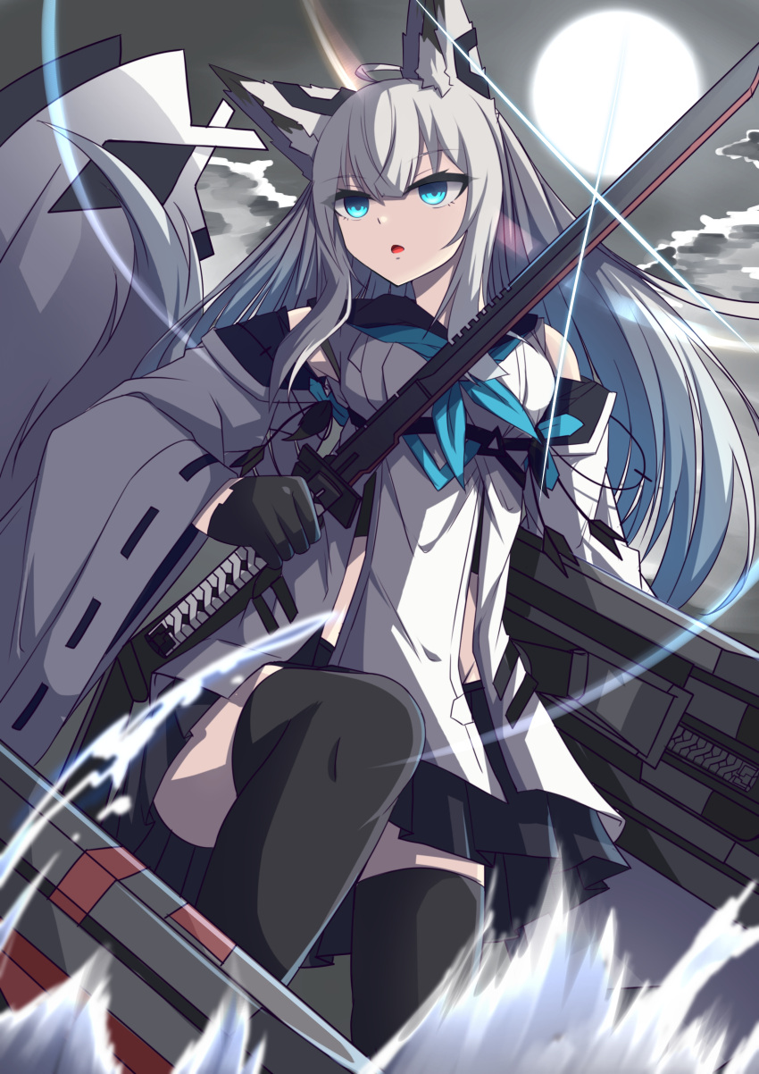 1girl, absurdres, animal_ear_fluff, animal_ears, azur_lane, black_gloves, black_legwear, black_skirt, black_thighhighs, blue_eyes, blue_ribbon, fox_ears, fox_girl, gloves, grey_hair, highres, holding, holding_sword, holding_weapon, katana, kawakaze_(azur_lane), long_hair, moon, ribbon, ribbon-trimmed_sleeves, ribbon_trim, rigging, sailor, siota1998, skirt, sky, solo, sword, thigh-highs, thighhighs, water, weapon