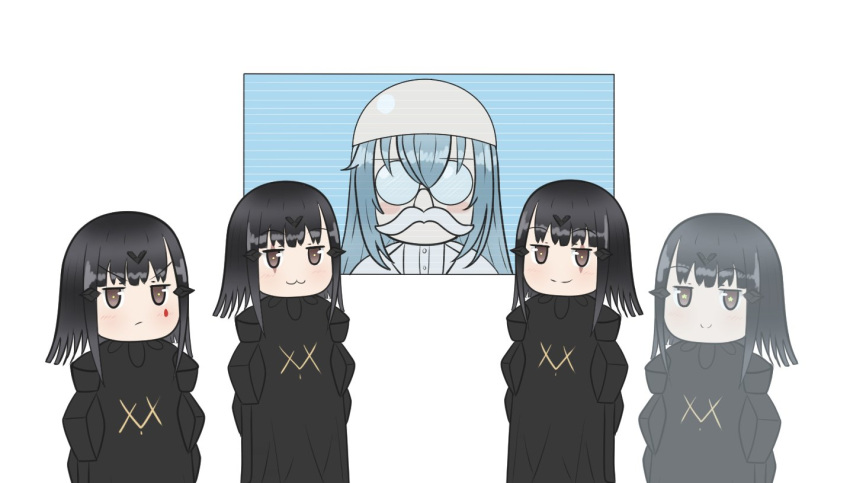 1boy, 4girls, bangs, black_dress, black_hair, brown_eyes, closed_mouth, cross