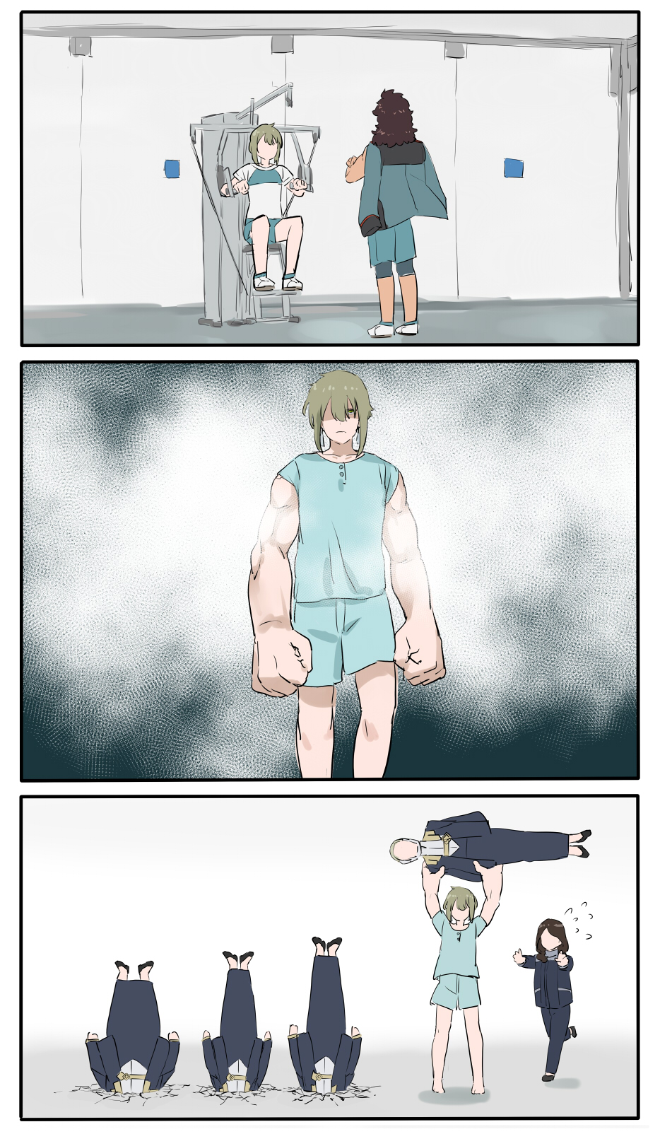 2boys, 5girls, angry, asticassia_school_uniform, brown_hair, comic, elan_ceres, exercise, faceless, faceless_female, golneri_(gundam), green_hair, guel_jeturk, gundam, gundam_suisei_no_majo, highres, jacket, jacket_on_shoulders, kal_(gundam), kurokawa_makoto, lifting_person, long_hair, multicolored_hair, multiple_boys, multiple_girls, muscular, nevola_(gundam), nugen_(gundam), pink_hair, running, school_uniform, shorts, steaming_body