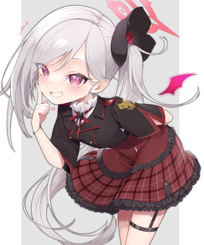 1girl, bangs, black_scrunchie, black_shirt, blue_archive, blush, grin, hair_ornament