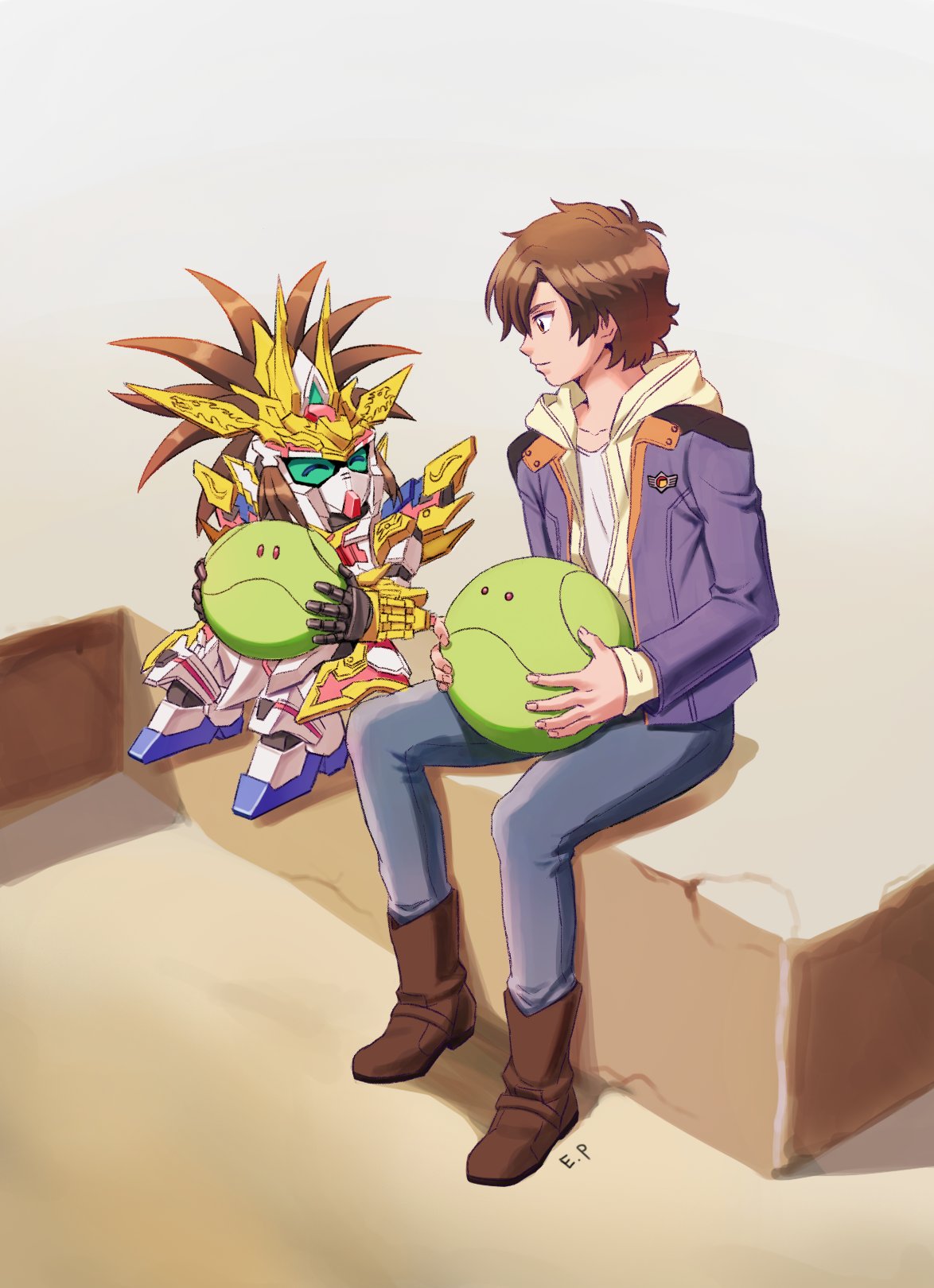 1boy, ^_^, banagher_links, bangs, brown_footwear, brown_hair, closed_eyes, collarbone, crossover, elping, green_eyes, grey_pants, gundam, gundam_unicorn, haro, highres, holding, hood, hoodie, jacket, korean_commentary, liu_bei_unicorn_gundam, mecha, pants, purple_jacket, robot, sd_gundam, sd_gundam_world_sangoku_soketsuden, shirt, sitting, smile, v-fin, white_shirt, yellow_hoodie