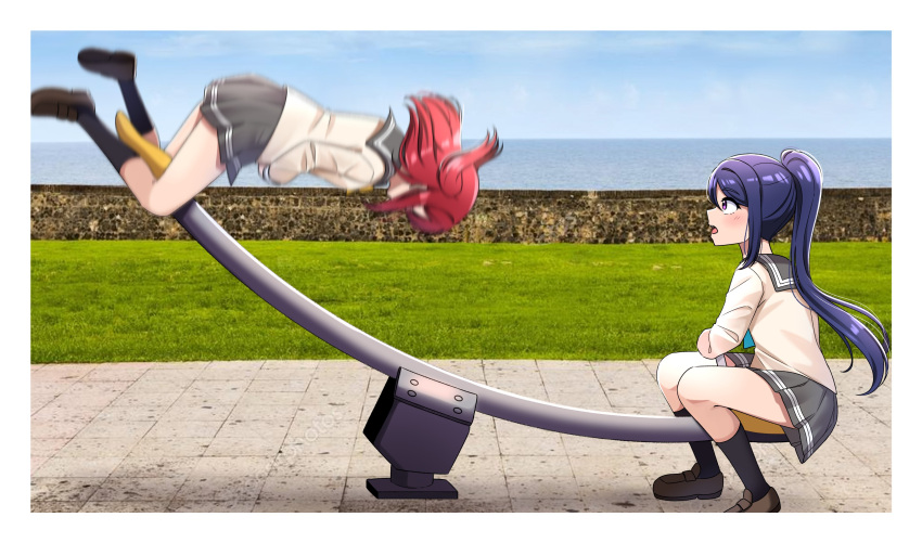 2girls, absurdres, blue_hair, grass, highres, kneehighs, kurosawa_ruby, loafers