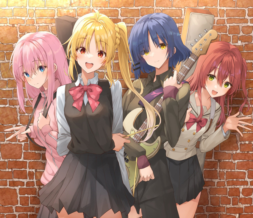 4girls, band, bangs, black_shirt, black_skirt, blonde_hair, blue_eyes, blue_hair