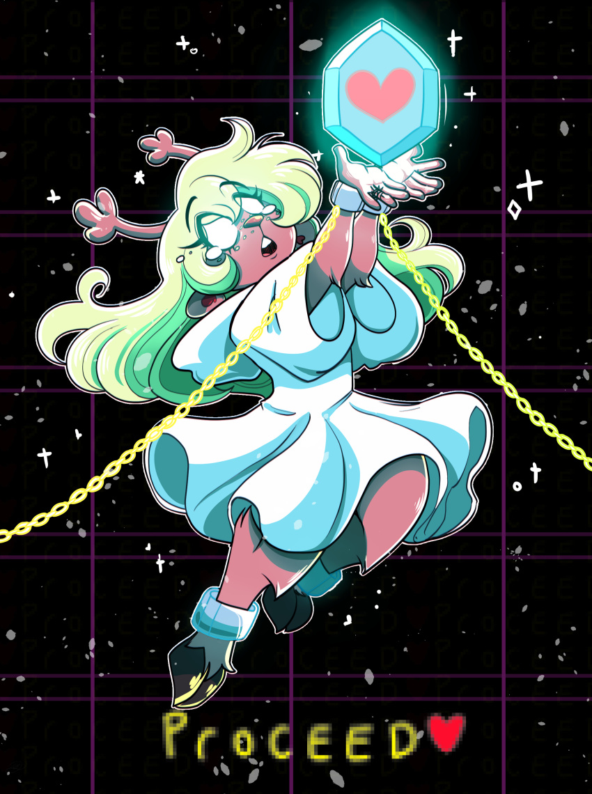 1girl, absurdres, antlers, arms_up, black_background, blonde_hair, chain, deltarune