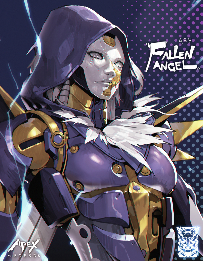 1girl, absurdres, android, apex_legends, ash_(titanfall_2), blue_background, character_name, copyright_name