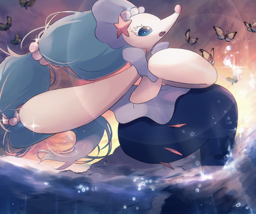 1girl, animal_nose, blue_eyes, blue_hair, clouds, colored_eyelashes, commentary_request, fang