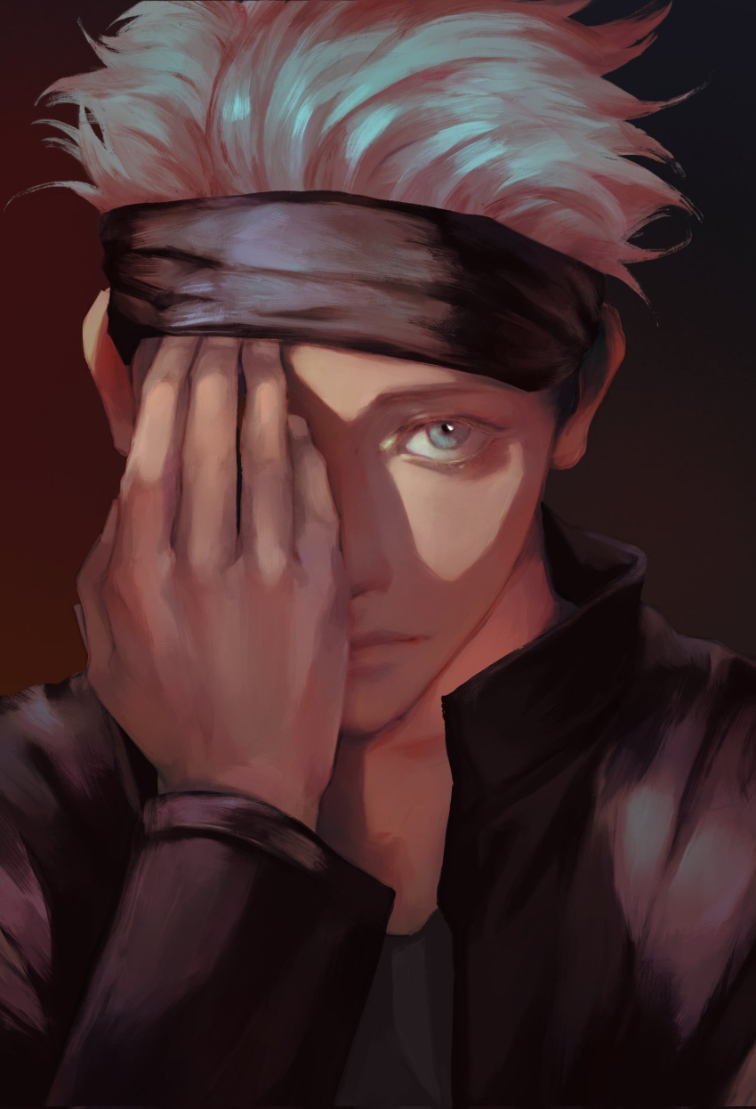 1boy, 3aem, black_blindfold, black_jacket, blindfold, blindfold_lift, blue_eyes, closed_mouth