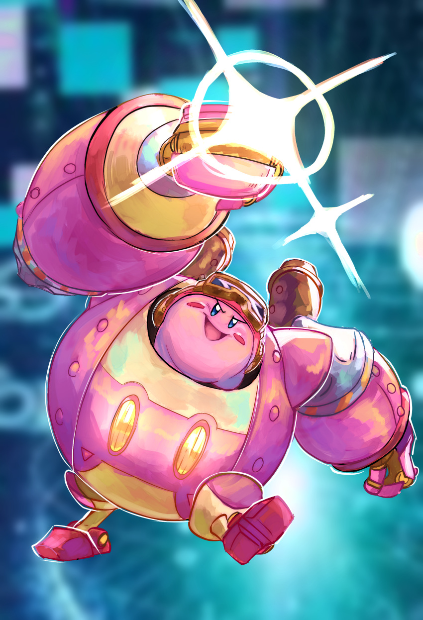 >:), :d, absurdres, blue_eyes, blurry, blurry_background, clenched_hand, full_body