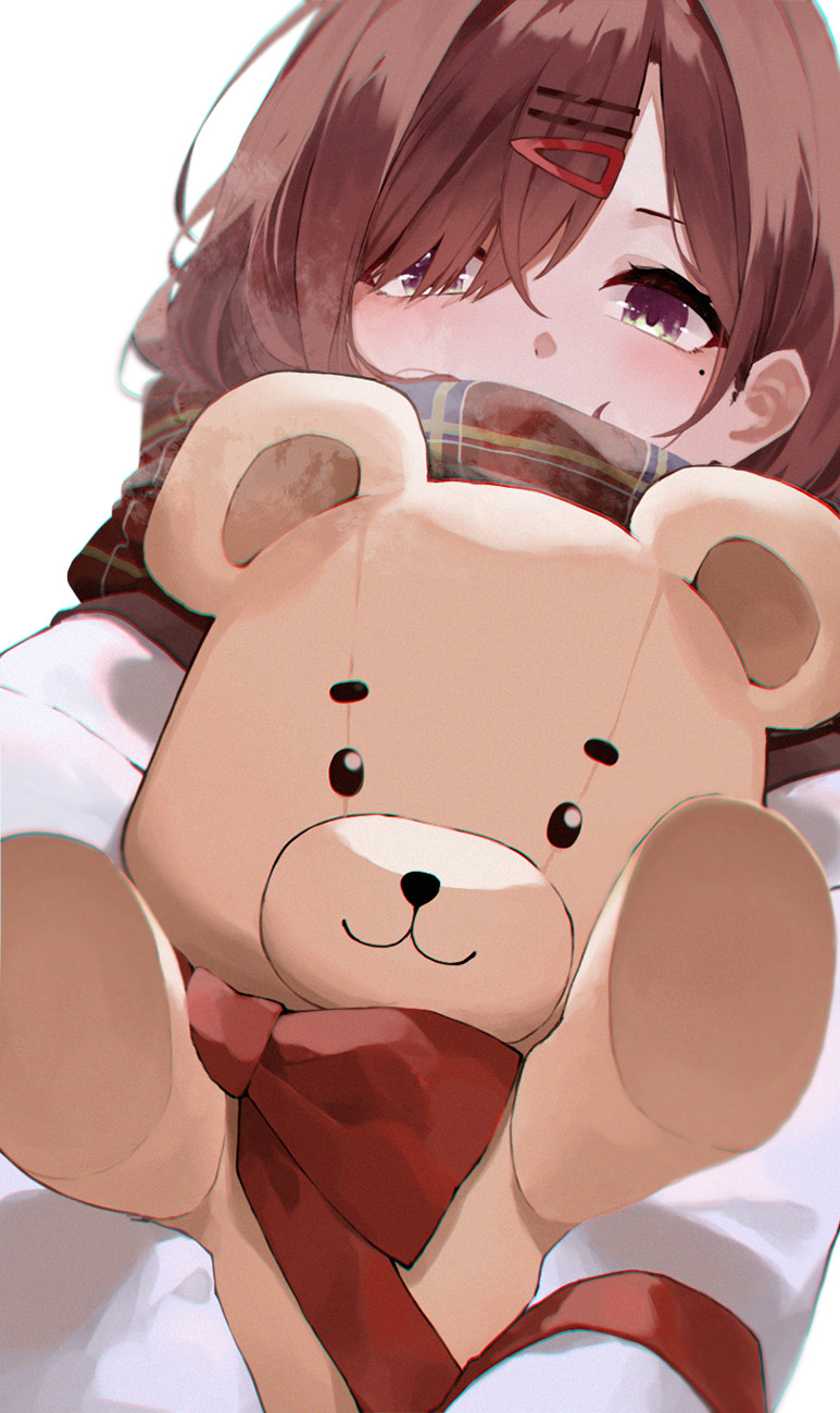 1girl, bangs, blush, bow, brown_hair, hair_ornament, hairclip, highres