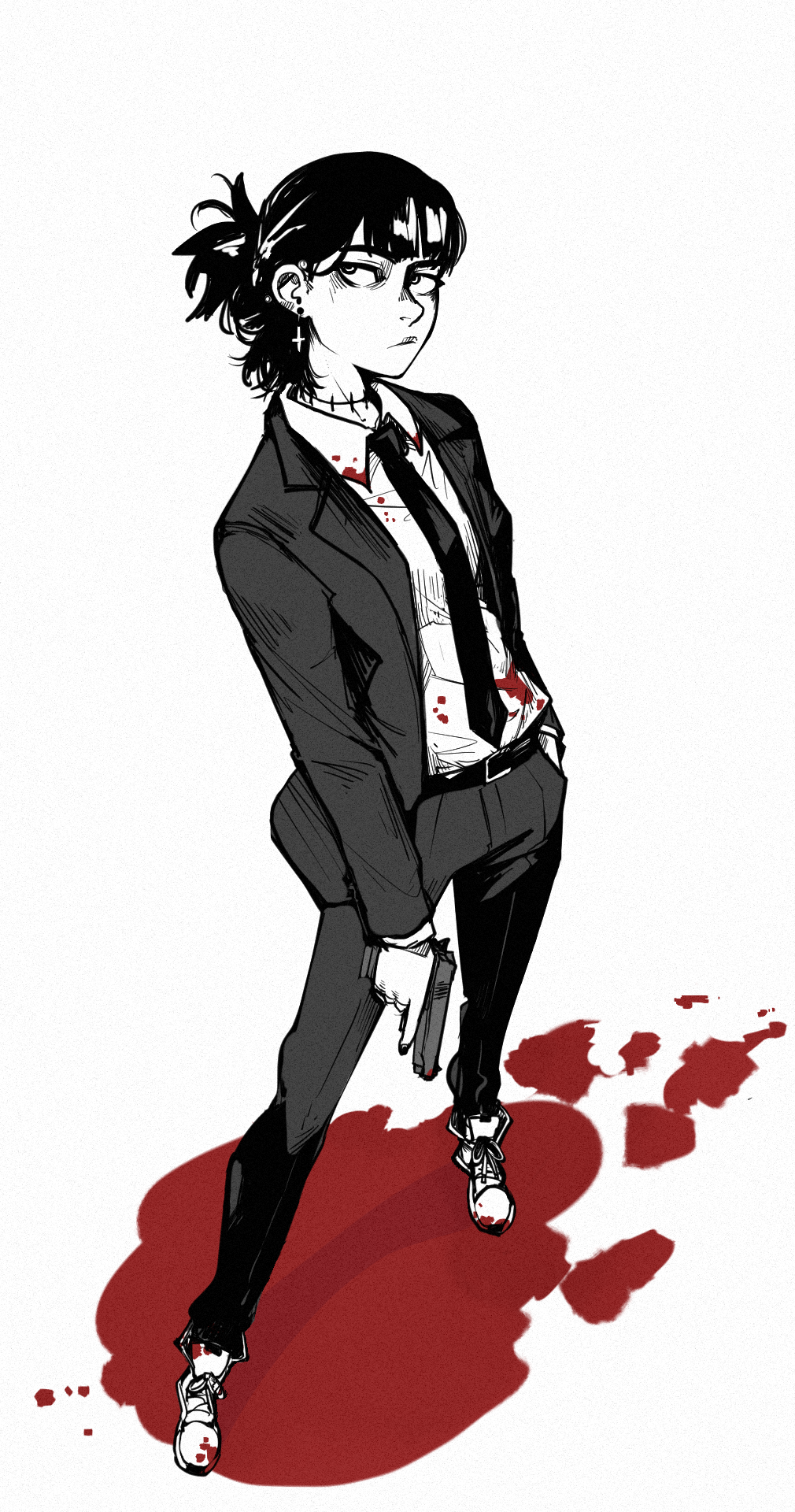1girl, bad_proportions, belt, black_hair, blood, blood_on_clothes, chainsaw_man, cross
