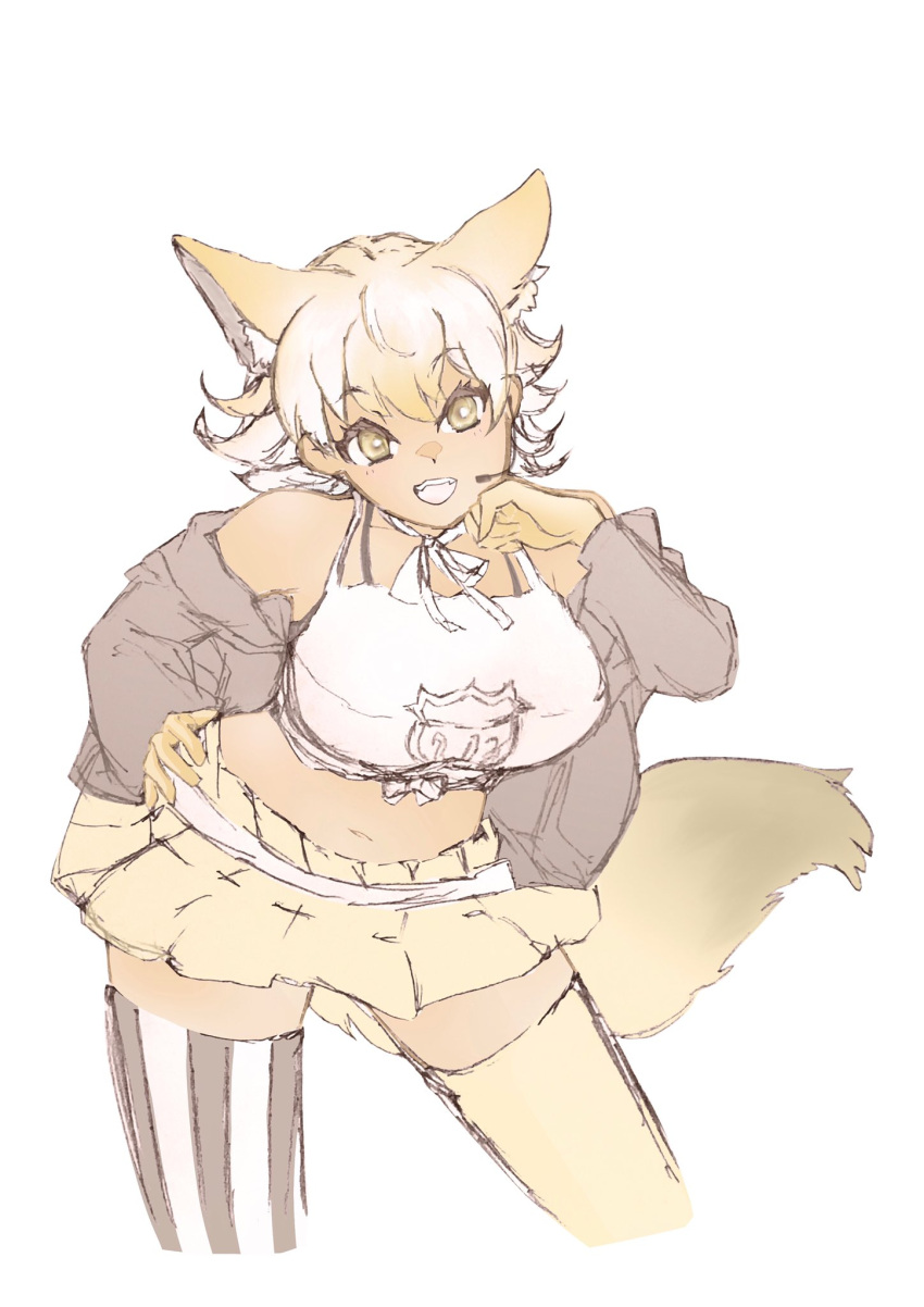 1girl, animal_costume, animal_ear_fluff, animal_ears, bare_shoulders, belt, black_jacket, blonde_hair