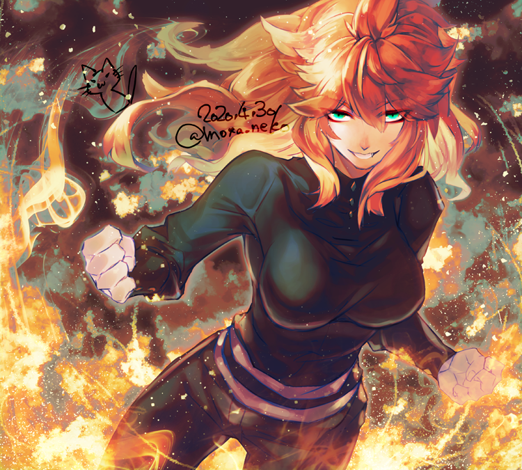 1girl, black_clover, black_pants, black_shirt, blonde_hair, clenched_hands, dated, fire
