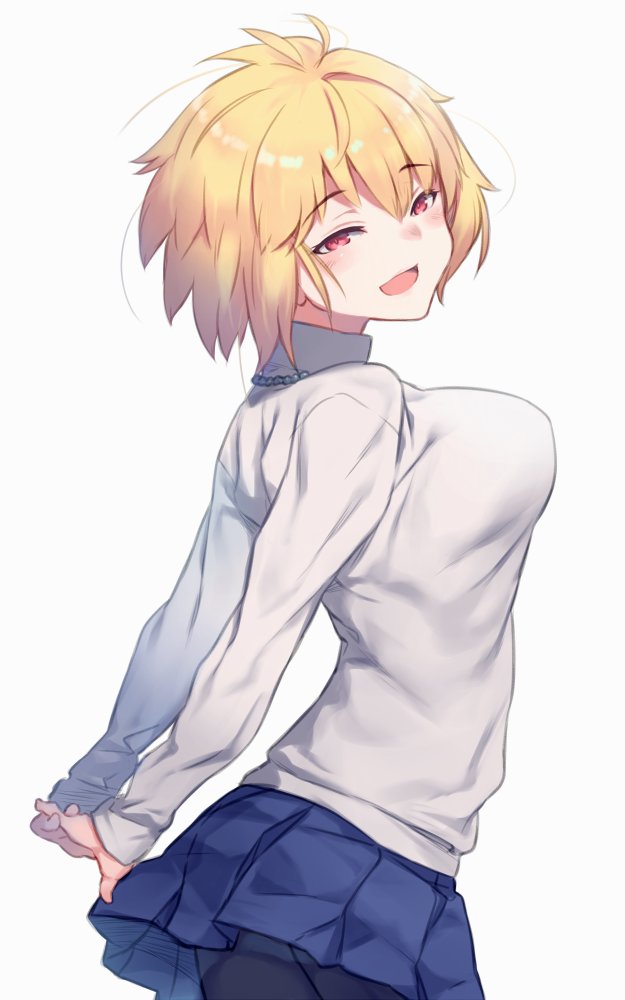1girl, :d, antenna_hair, arcueid_brunestud, arms_behind_back, auru_t, blonde_hair, blue_skirt
