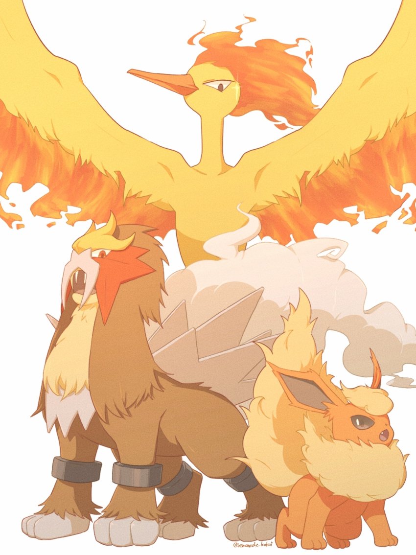 animal_focus, artist_name, black_eyes, blonde_hair, closed_mouth, collarbone, commentary_request, cuffs, entei, fang, fangs, fiery_hair, fiery_wings, flareon, full_body, fur_collar, glint, highres, lemonade_kokoi, looking_at_another, looking_at_viewer, looking_down, moltres, no_humans, open_mouth, orange_hair, partial_commentary, pokemon, pokemon_(creature), red_eyes, shackles, short_hair, signature, simple_background, standing, trait_connection, twitter_username, white_background, wings