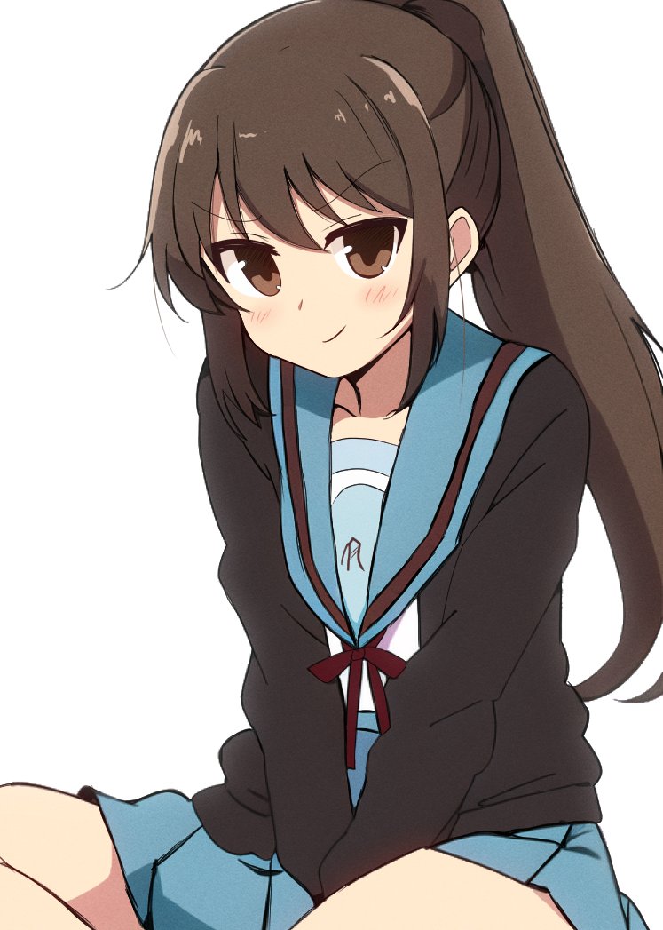 1girl, bangs, blue_skirt, blush, brown_cardigan, brown_eyes, brown_hair, cardigan
