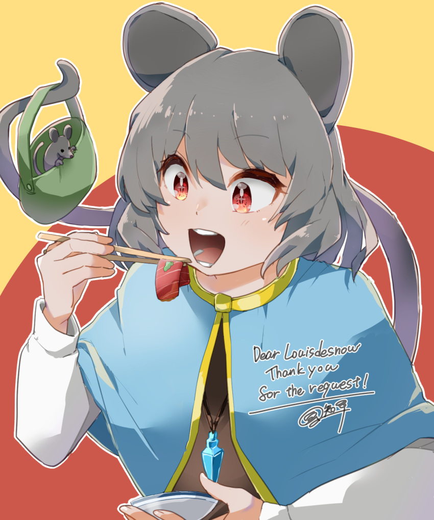 1girl, animal_ears, bangs, basket, blue_capelet, blush, bowl, capelet