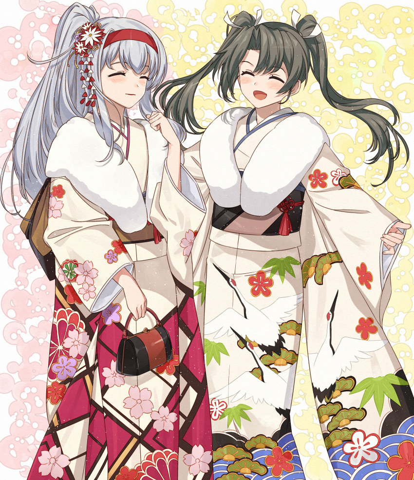 2girls, absurdres, alternate_costume, bag, closed_eyes, commission, floral_print, grey_hair
