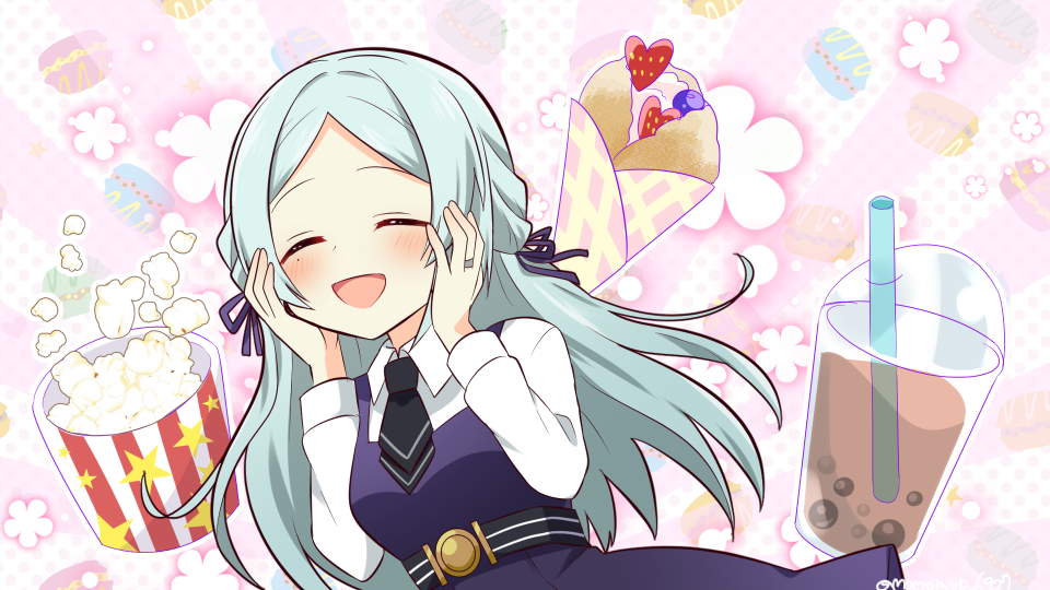 1girl, :d, bangs, belt, black_necktie, blue_hair, blush, braid