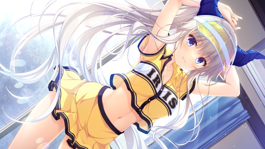 1girl, armpits, arms_up, bangs, blonde_hair, blue_eyes, blurry, blush