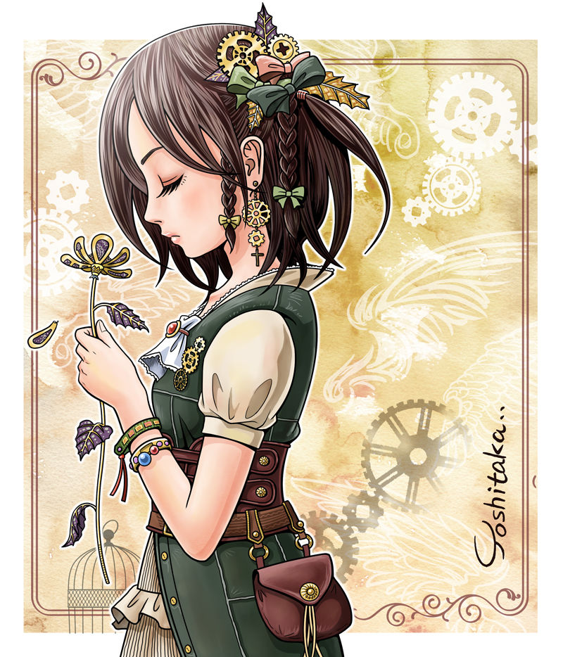 1girl, artist_name, bow, bracelet, braid, brown_hair, closed_eyes, earrings