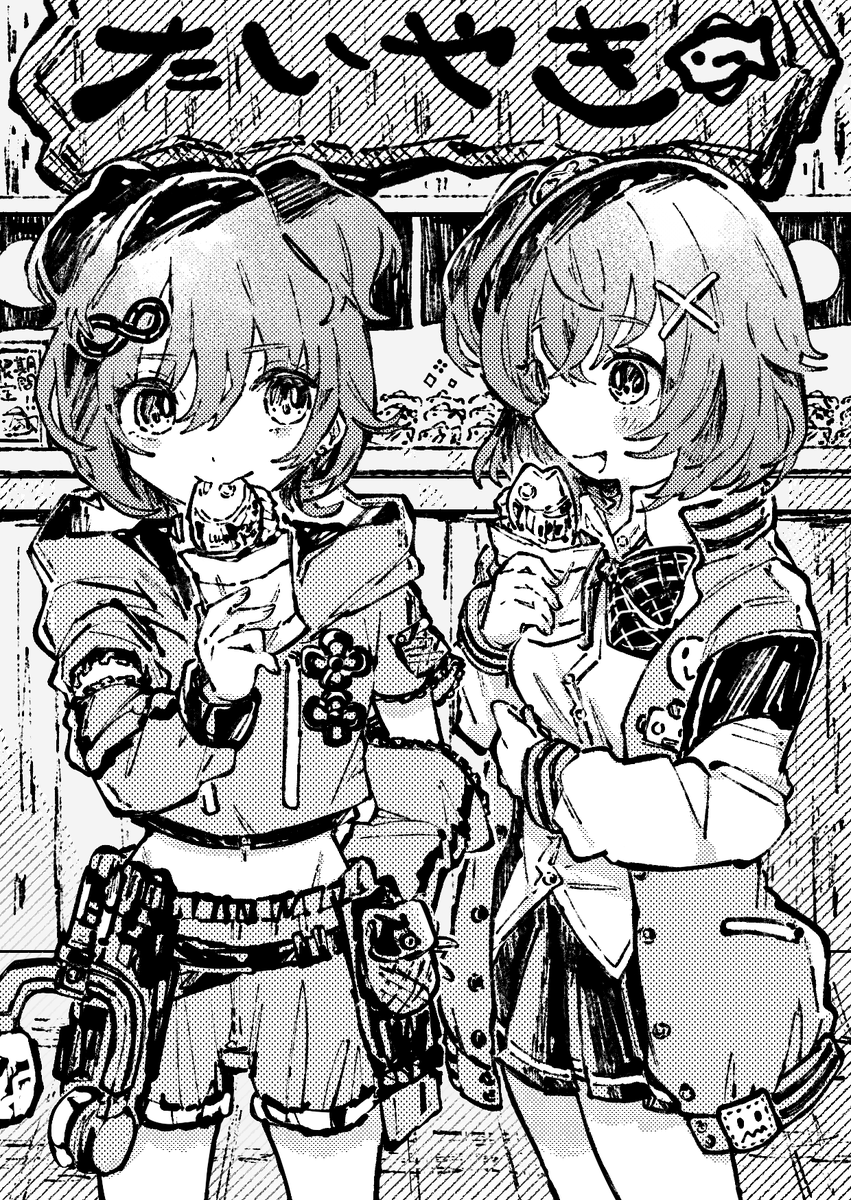 2girls, bangs, bow, denonbu, food, greyscale, hair_between_eyes, hair_ornament