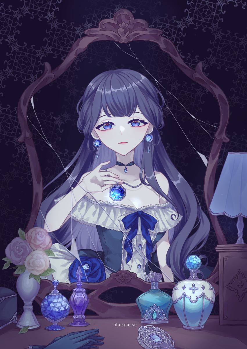 1girl, absurdres, akikawa_higurashi, bangs, black_background, blue_choker, blue_dress, blue_eyes, blue_gemstone, blue_gloves, blue_ribbon, bottle, broken_mirror, choker, dress, dress_flower, earrings, english_commentary, english_text, flower, gem, gloves, gloves_removed, hair_brush, highres, holding, holding_jewelry, holding_necklace, jewelry, lamp, long_hair, looking_at_viewer, mirror, mixed-language_commentary, necklace, off-shoulder_dress, off_shoulder, original, parted_lips, patterned_background, perfume_bottle, pink_flower, pink_rose, purple_flower, purple_hair, purple_rose, reflection, ribbon, rose, solo, table, upper_body, vanity_table, vase, yellow_flower, yellow_rose