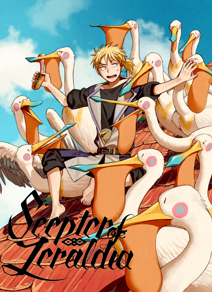 1boy, barefoot, belt, bird, blonde_hair, blue_eyes, blue_sky, clouds