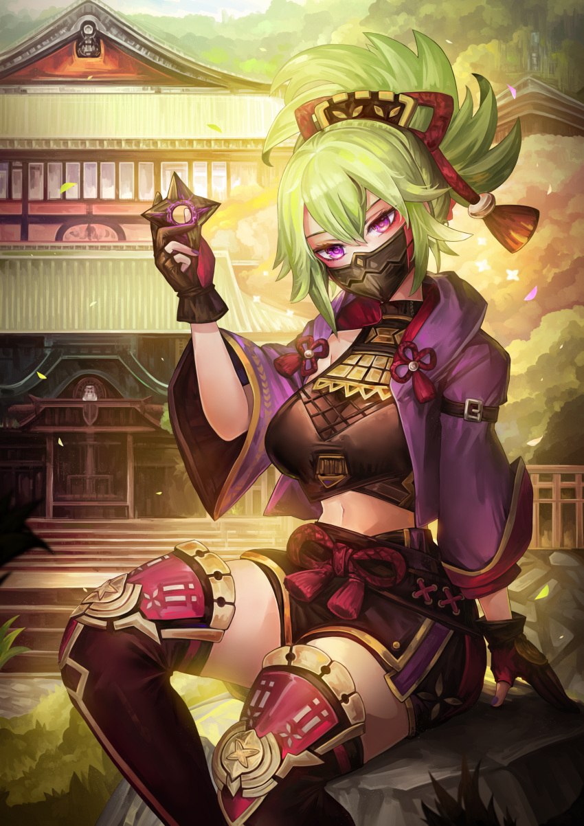 1girl, absurdres, architecture, bangs, black_gloves, black_mask, black_shirt, black_shorts