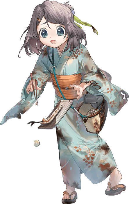 1girl, bag, blue_kimono, chopsticks, fish, food, fruit, full_body